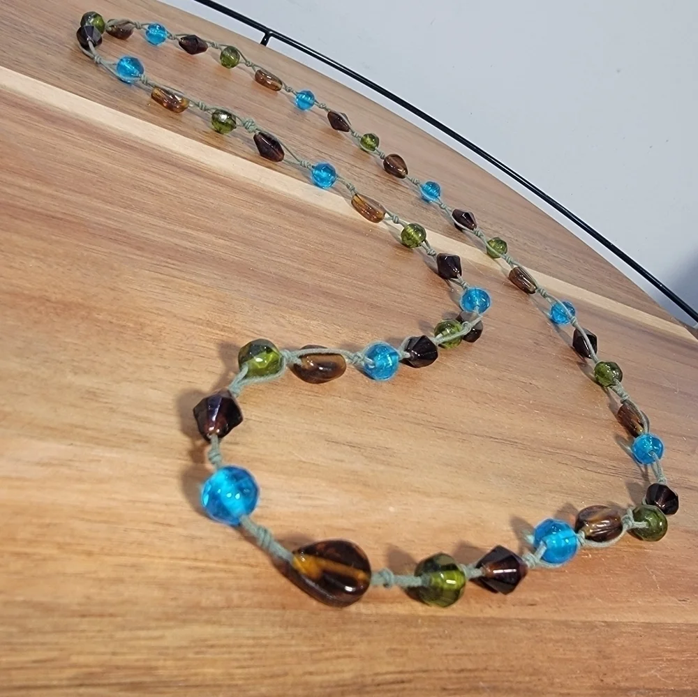 Long beaded Necklace Embroidered Strand Pull over Summer Brown Green Blue Aqua